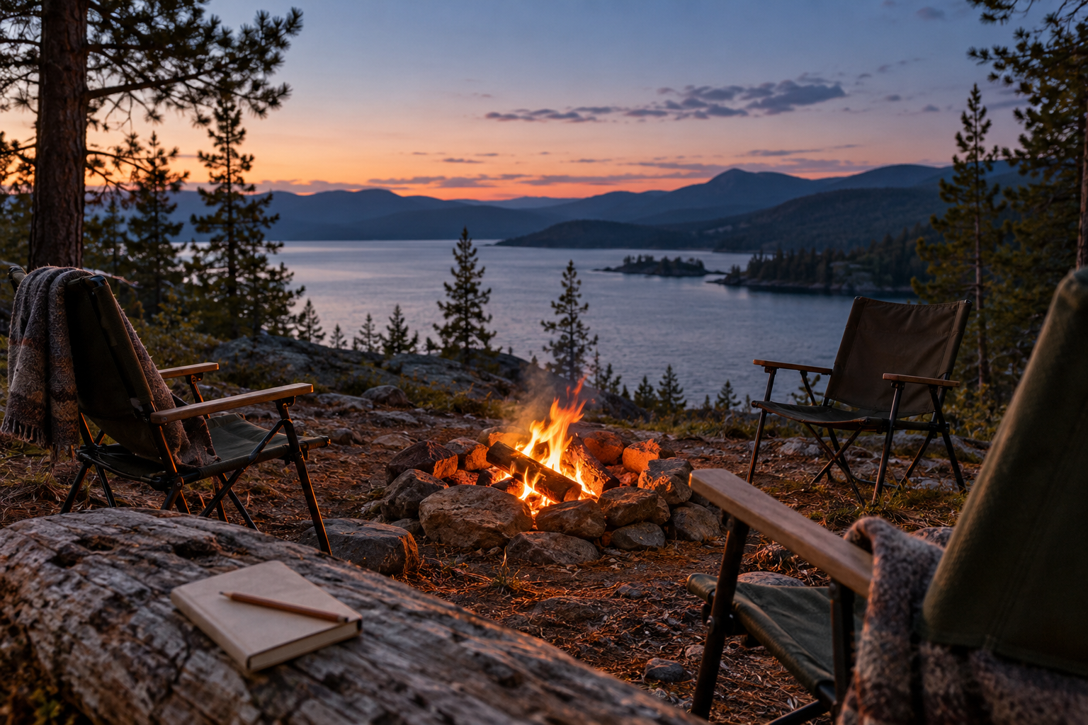 Imagined campfire beside a lake at dusk, with a notebook nearby.