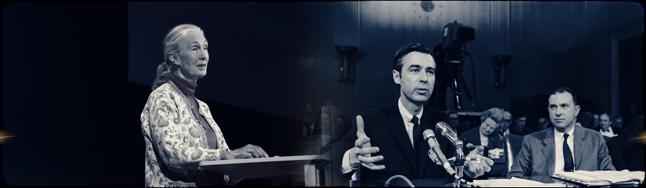 Composite archival photographs of Jane Goodall and Fred Rogers.